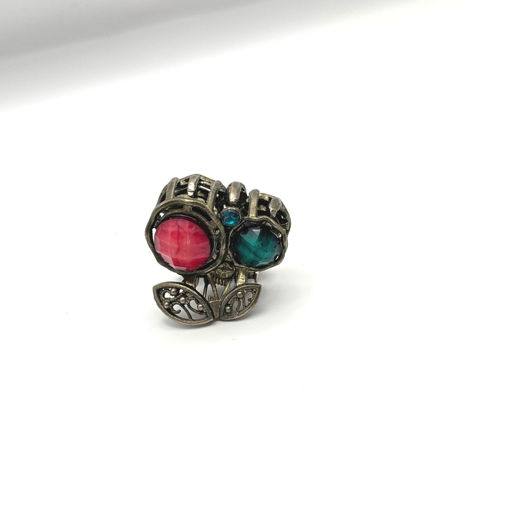 Vintage Style Mini Hair Claw Clip Bronze Filigree Red Teal Faux Stone Ornate - Picture 2 of 7